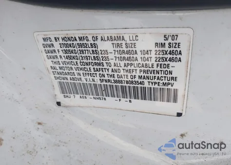 2007 Honda Odyssey Touring z USA, uszkodzony, nr VIN 5FNRL38887B083540